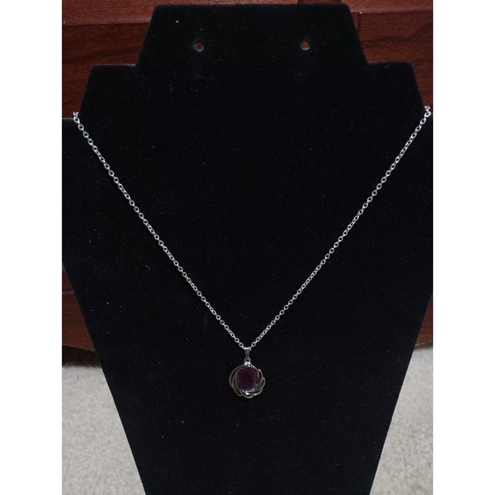 Silver-Toned Chain w/ Purple Glass Pendant